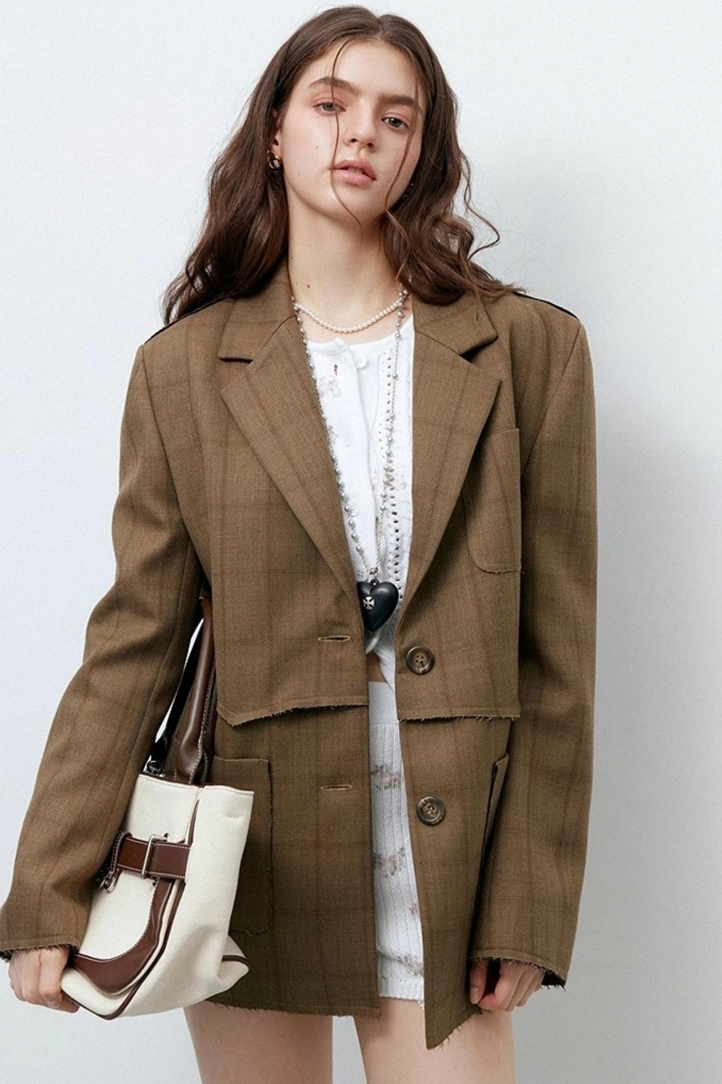 Brown Check Raw Edge Blazer