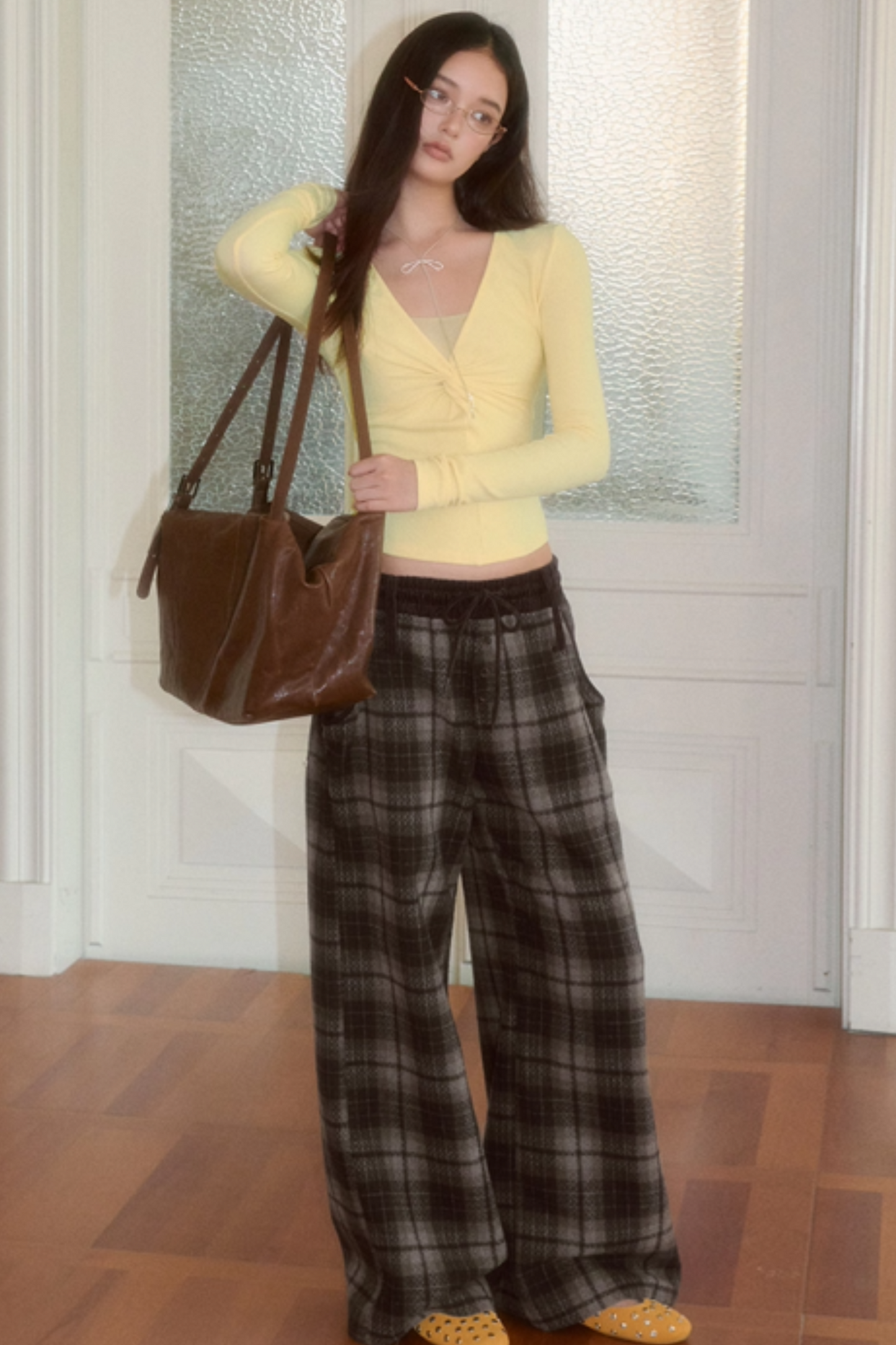 Retro Loose Straight Plaid Trousers