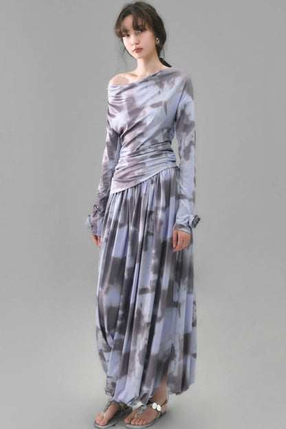 Poetic Swing Collar Print T-Shirt & Skirt Set-Up