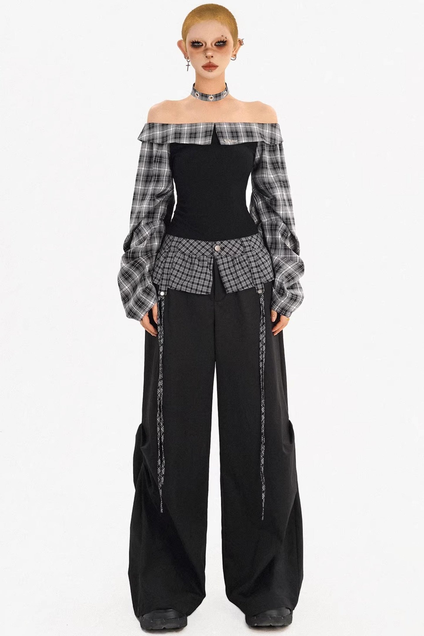 Plaid Off-Shoulder Pants Set-Up