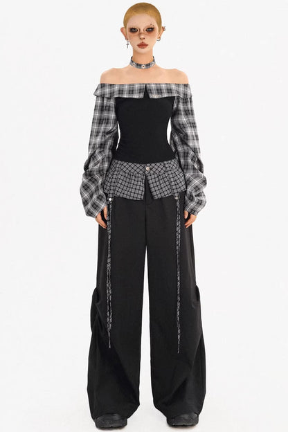 Plaid Off-Shoulder Pants Set-Up