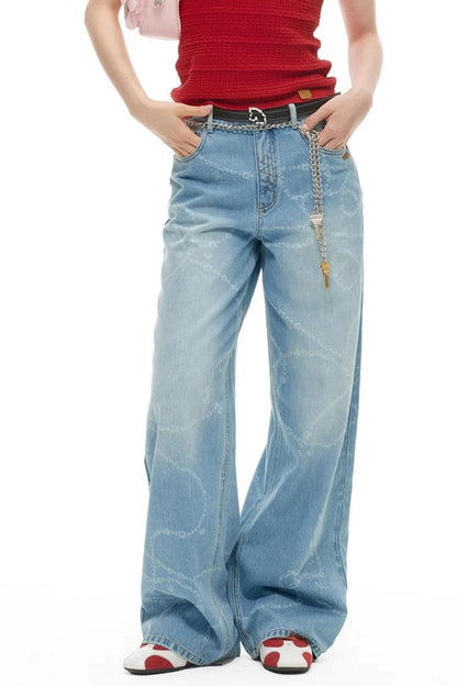 Washed Laser Print Denim Pants