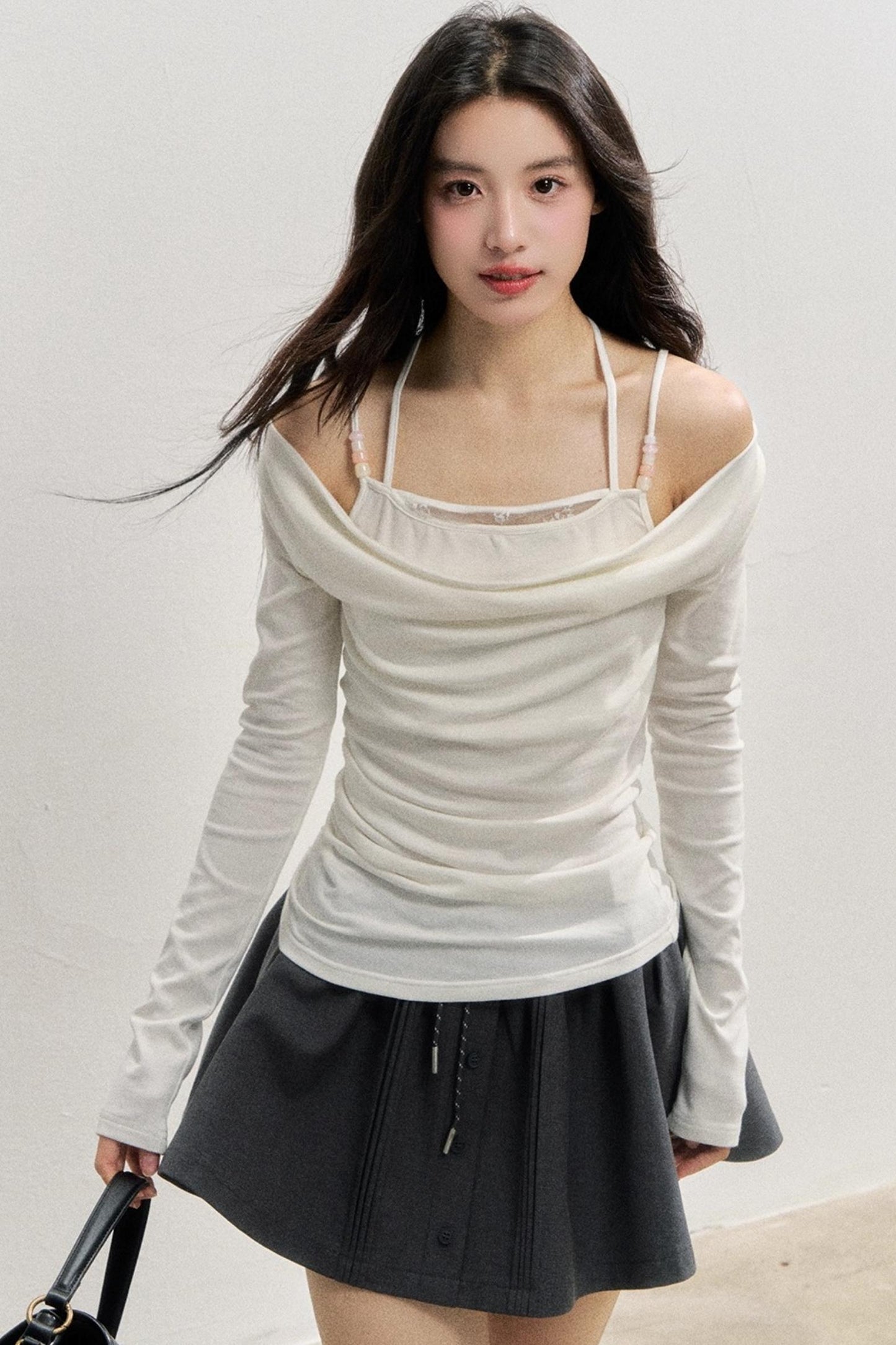 Pink Beaded Halterneck Long Sleeve T-Shirt