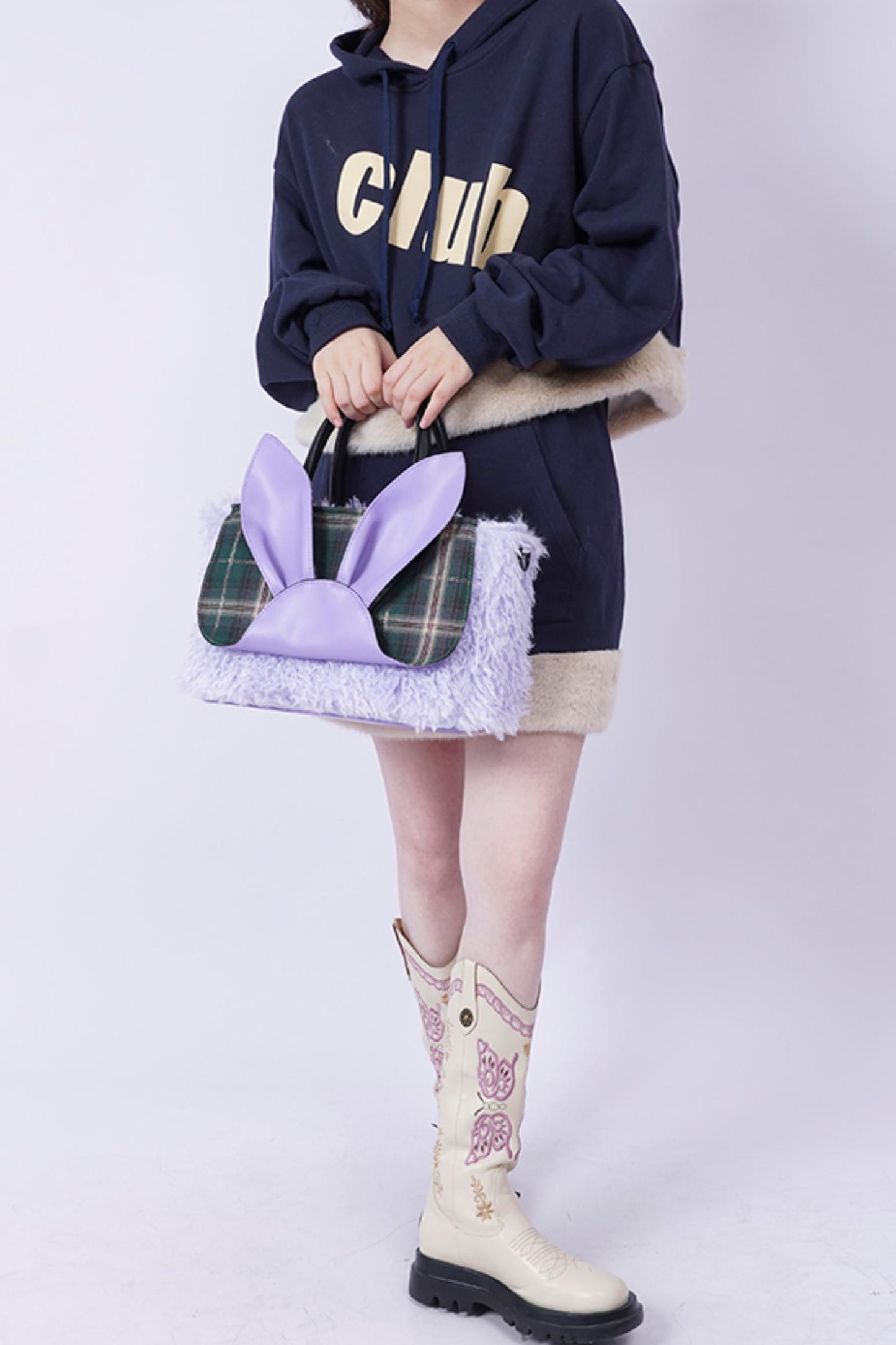 Plaid Rabbit Fur Tote Bag