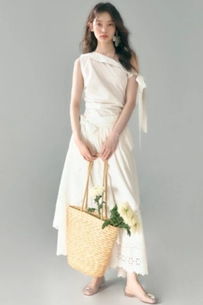 Sunshine Island Tencel Lace-Up Cinched Waist Dress