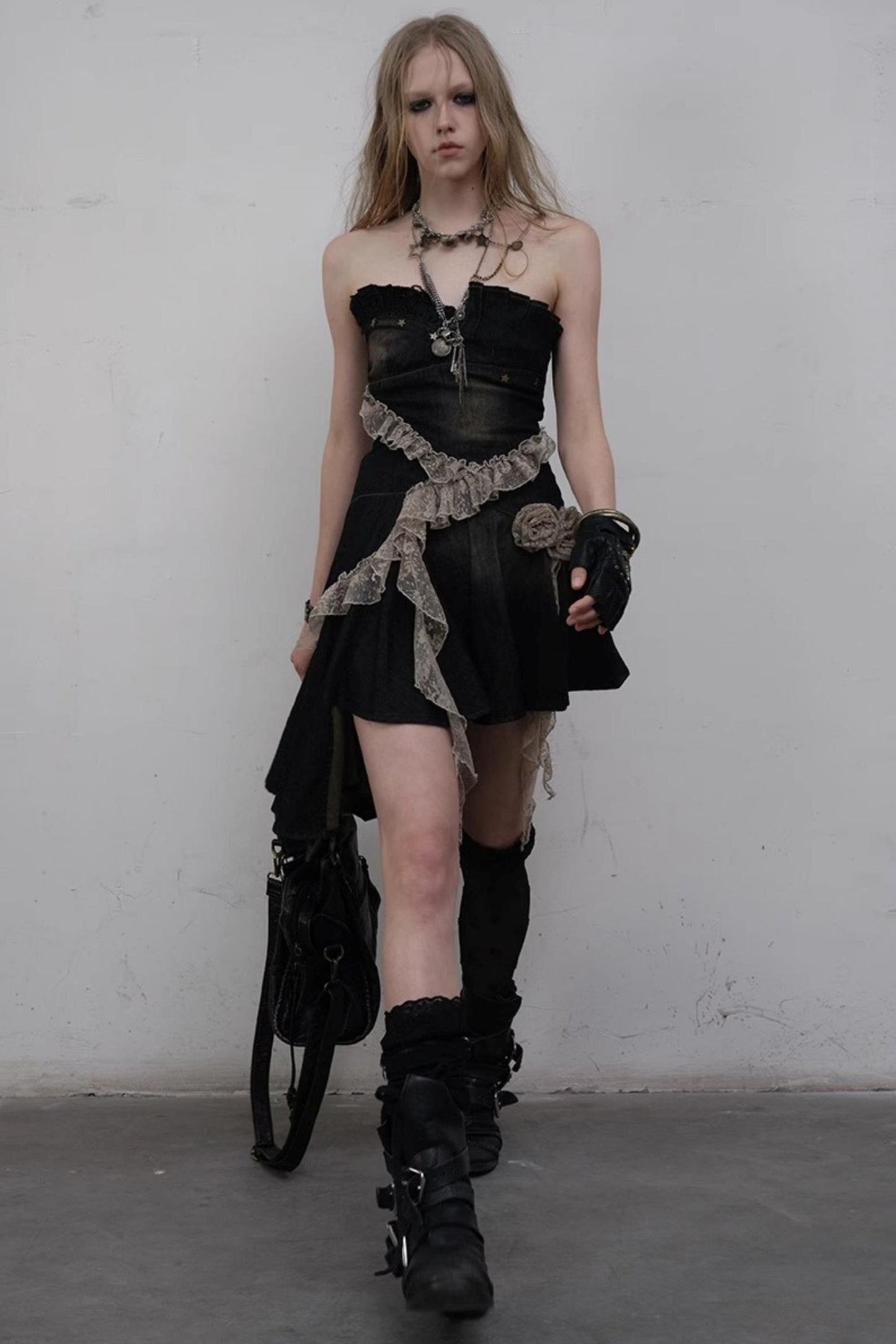 Vintage Black Lace Denim Dress