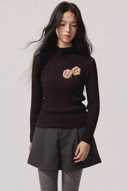 Detachable Corsage Turtleneck Sweater
