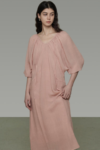 Lantern Sleeve Linen Dress