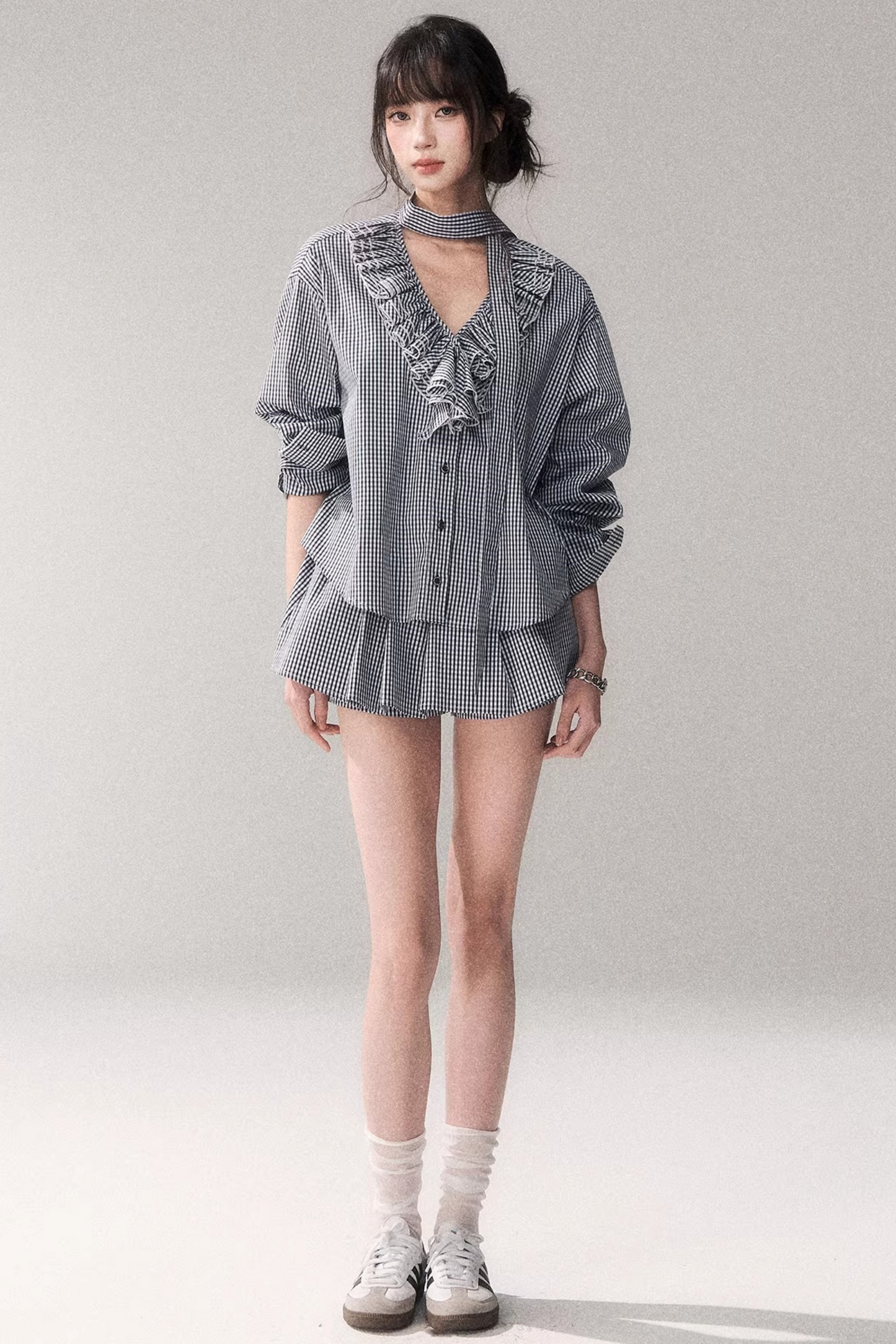 Blue Check Lace Blouse Set-Up