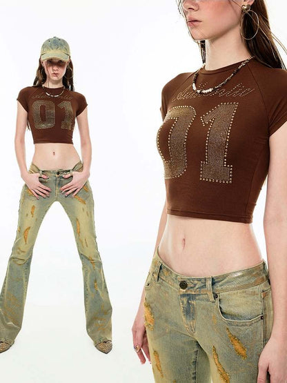 Rhinestone Numbers Cropped Tee