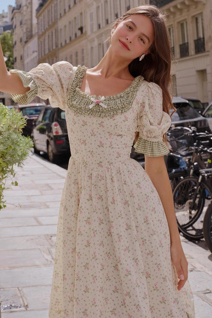 French Pastoral Style Floral Waist Dress