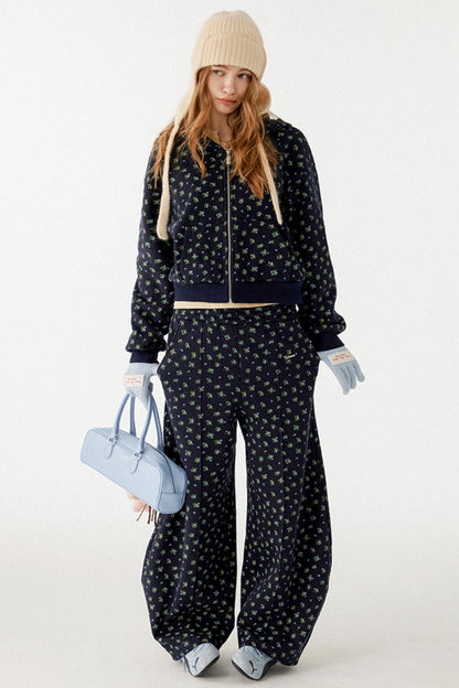 Navy Blue Floral Hooded Jacket Set-Up
