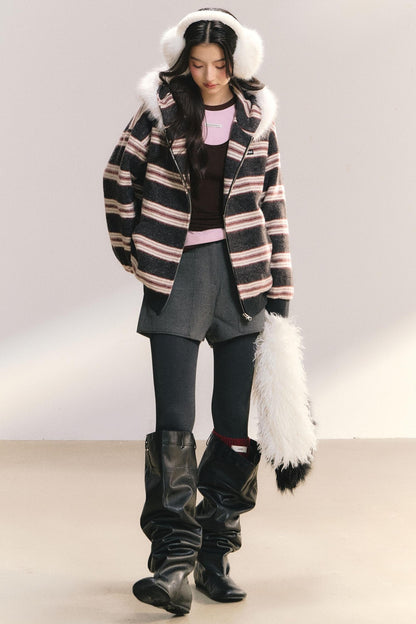 Detachable Fur Collar Striped Jacket