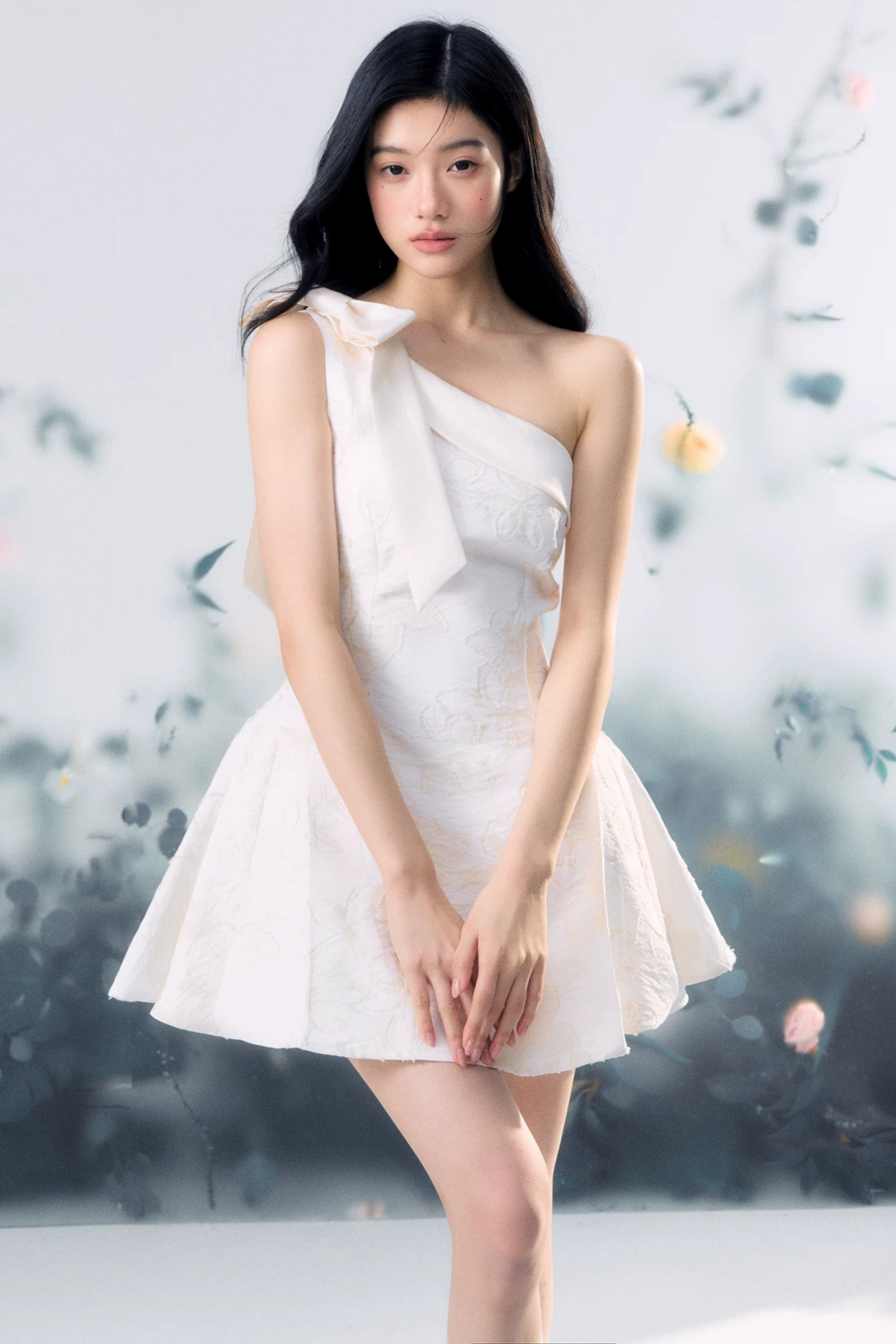 Floral Bow One-Shoulder Dress