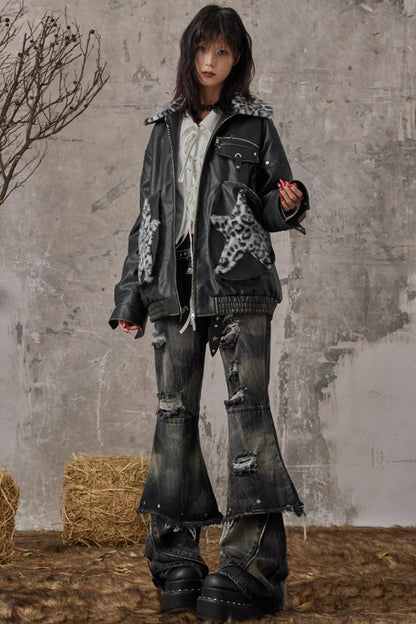 Star Leopard Print Vintage Leather Jacket