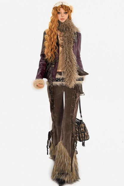 Vintage Leather Fur Collar Jacket