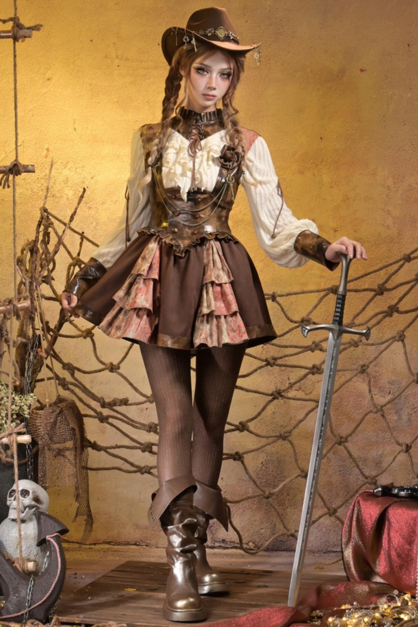 Steampunk Lace Patchwork Dress Set-Up