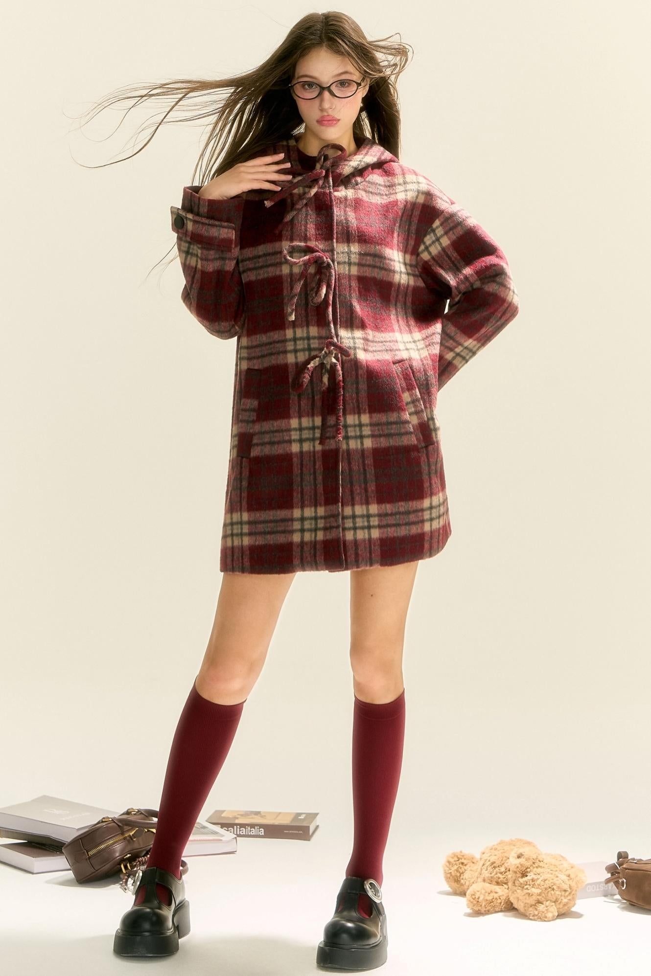 Plaid Bow Hoodie Coat Dress