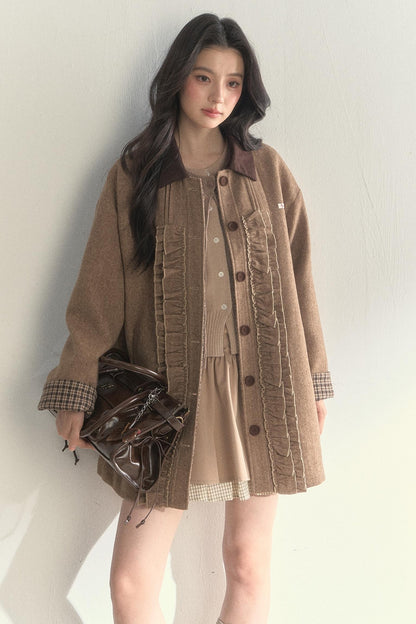 Vintage Khaki Houndstooth Wool Coat