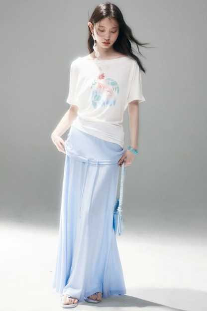 Mint Bird Print Off-Shoulder Ruched Top