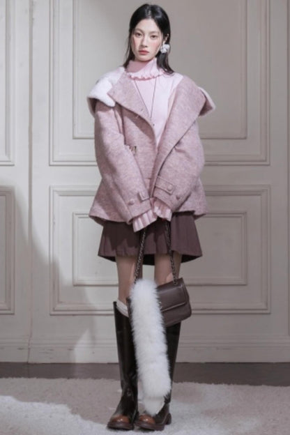 Cream Pink Quilted Woolen Coat