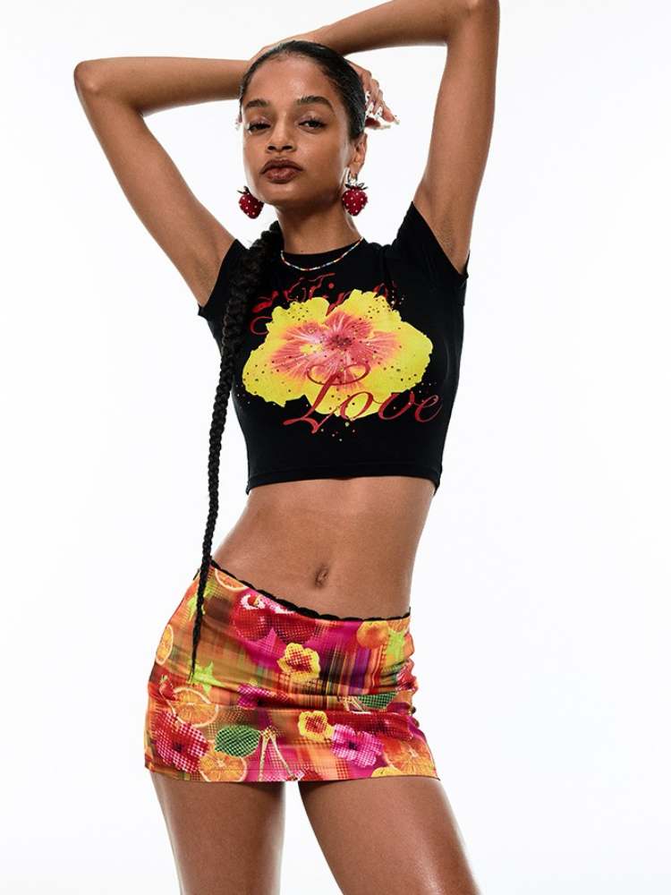 Fruit Print Hip Cover Mini Skirt