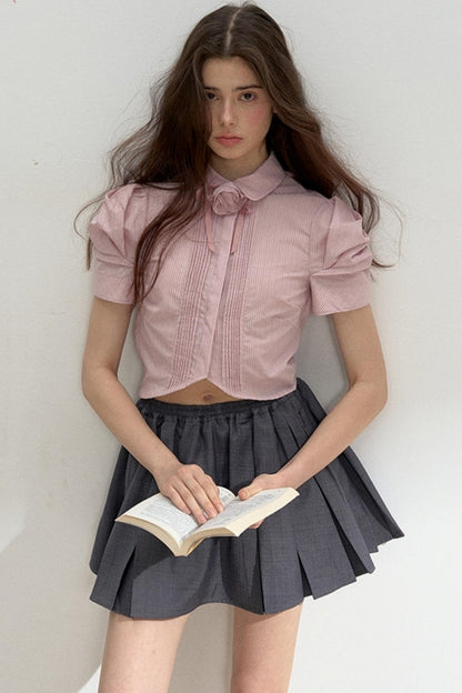 Vertical Stripe Bubble Sleeve Shirt