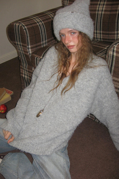 Gray Knit V-Neck Sweater Hat Set