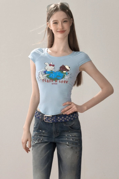 Curved Hem Printed Blouse