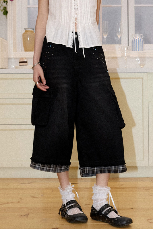 Patchwork Plaid Rhinestone Jeans