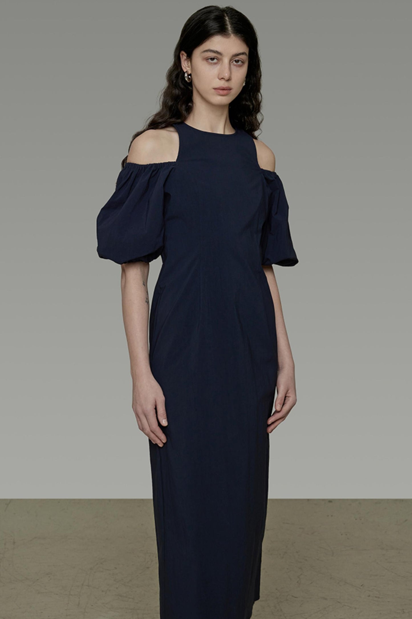 Navy Slim Bubble Sleeve Maxi Dress