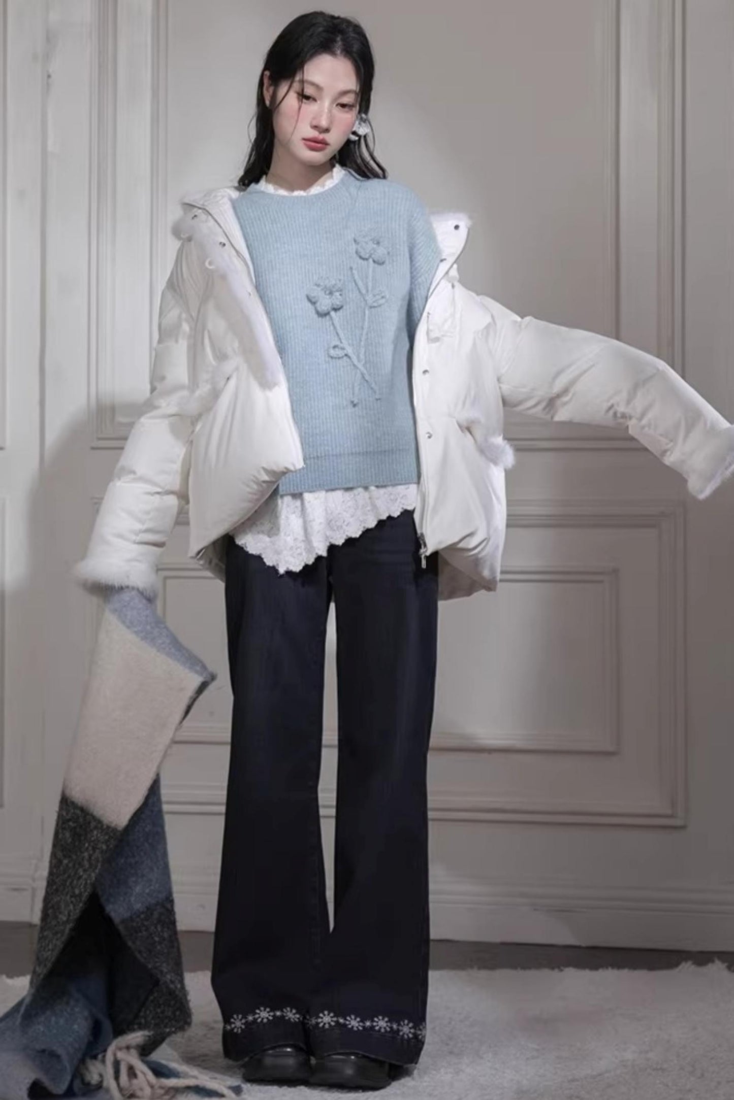 Cream Blue Crochet Wool Sweater