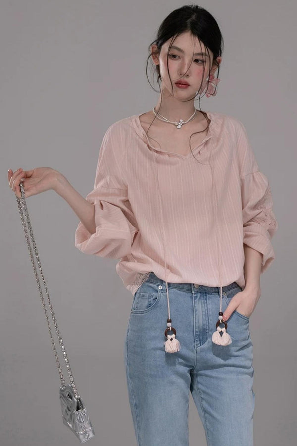 Cloud Peach Embroidered Striped Shirt Set-Up