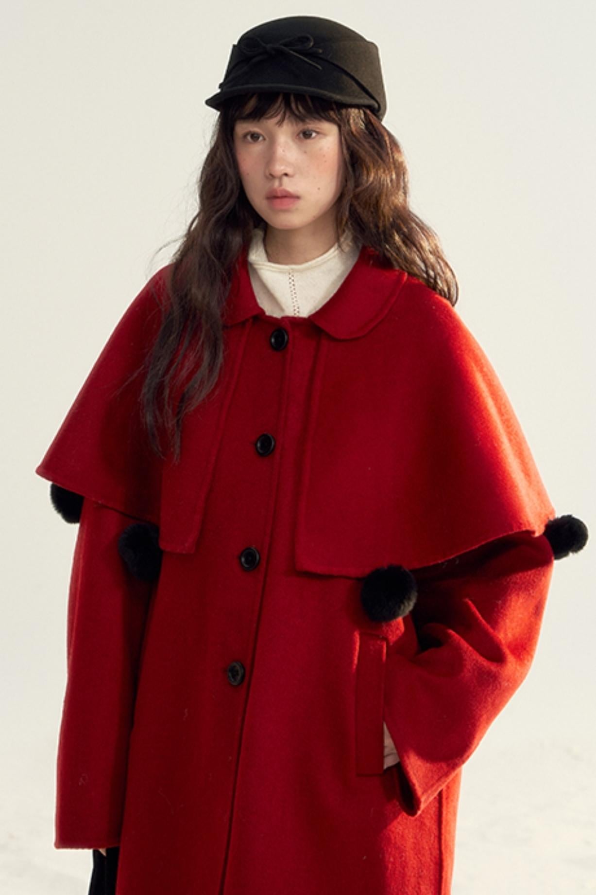 Detachable Cape Red Wool Coat