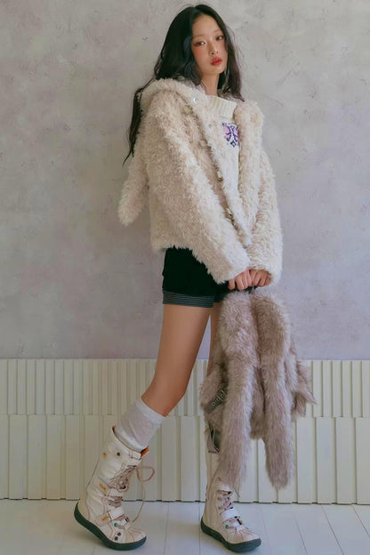 Studded Bow Faux Fur Coat