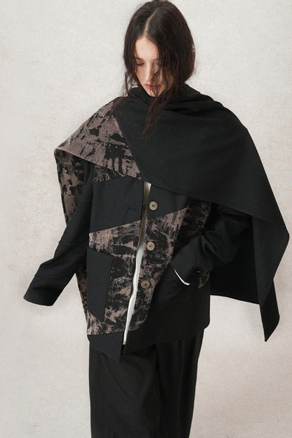 Velvet Panel V-neck Coat With Scarf Set-Up