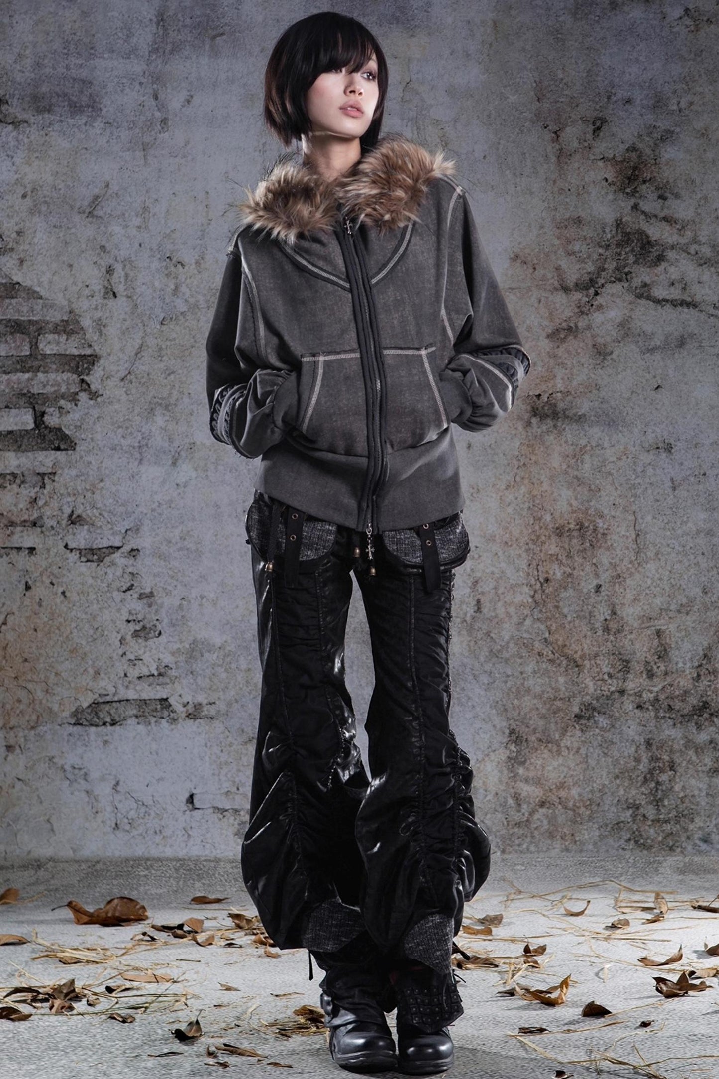 Vintage Lantern Sleeve Hooded Sweatshirt Jacket