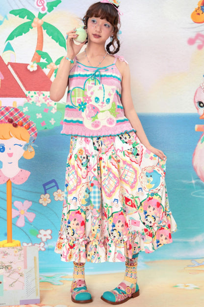 Retro Cartoon Print Lace Skirt