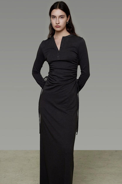 Pleated Long-Sleeve Dress