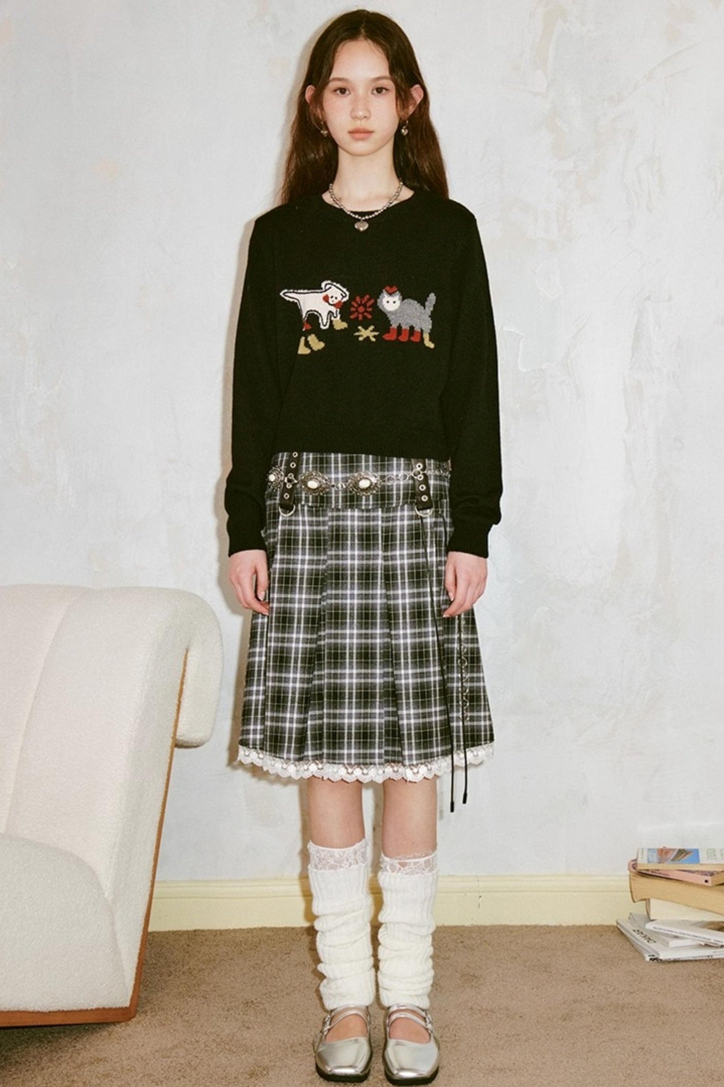 Kitten And Puppy Embroidered Wool Blend Knit Sweater