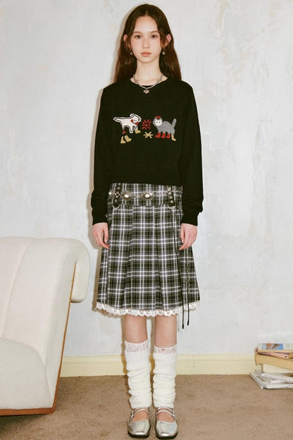 Kitten And Puppy Embroidered Wool Blend Knit Sweater