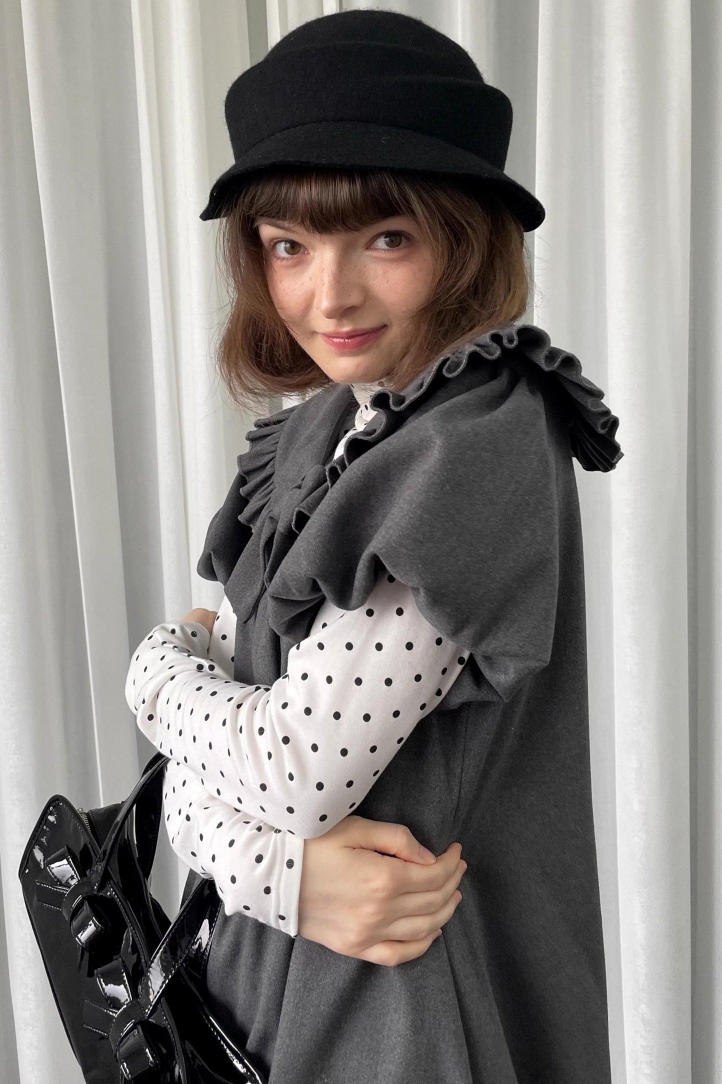 Gray Tweed Bow Lace Puff Sleeve Dress