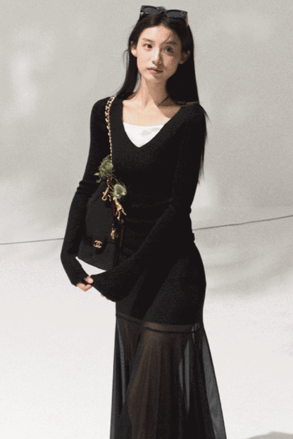 High-Waisted Knit Mesh Skirt