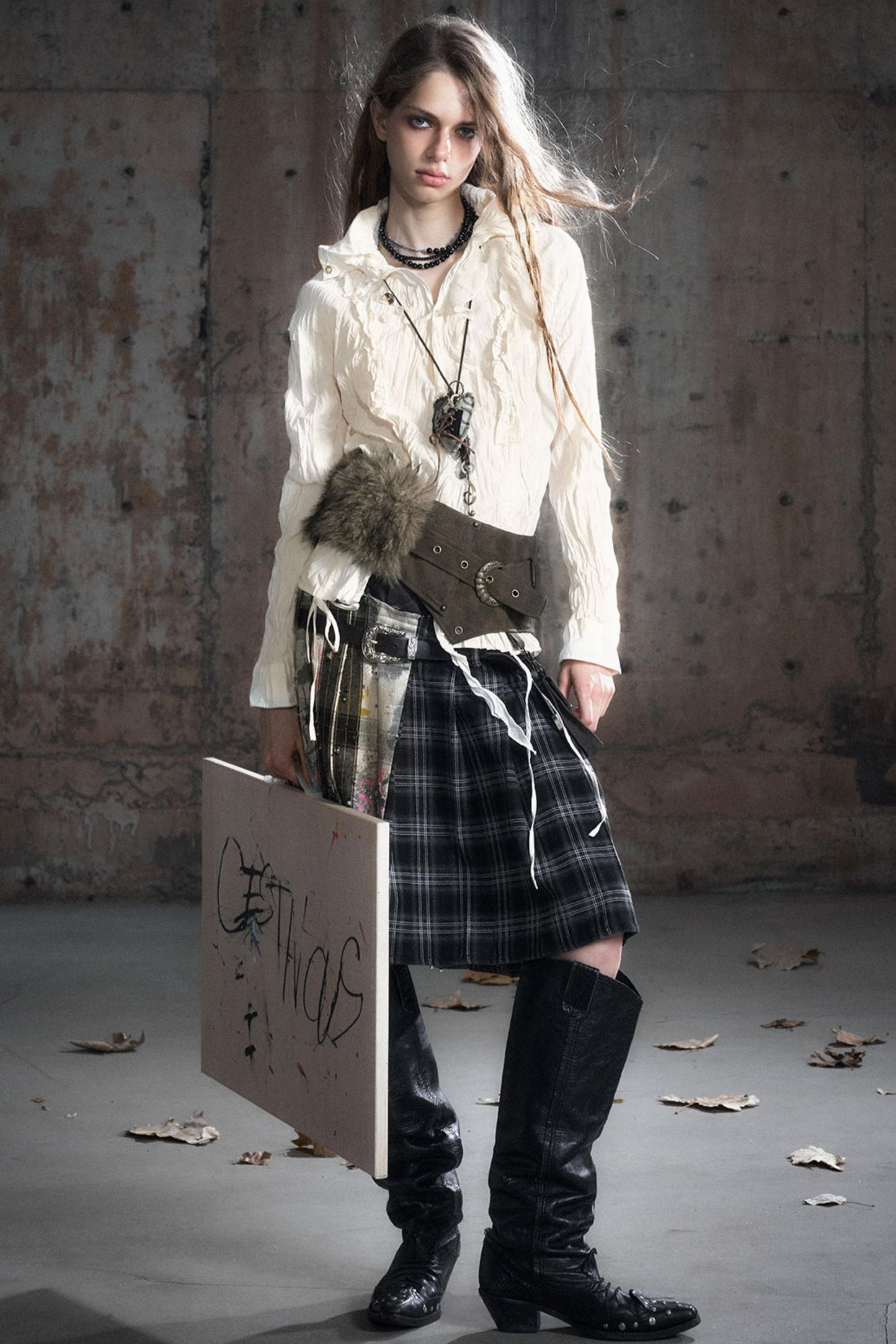 Leather Patchwork Fur Skirt  Belt
