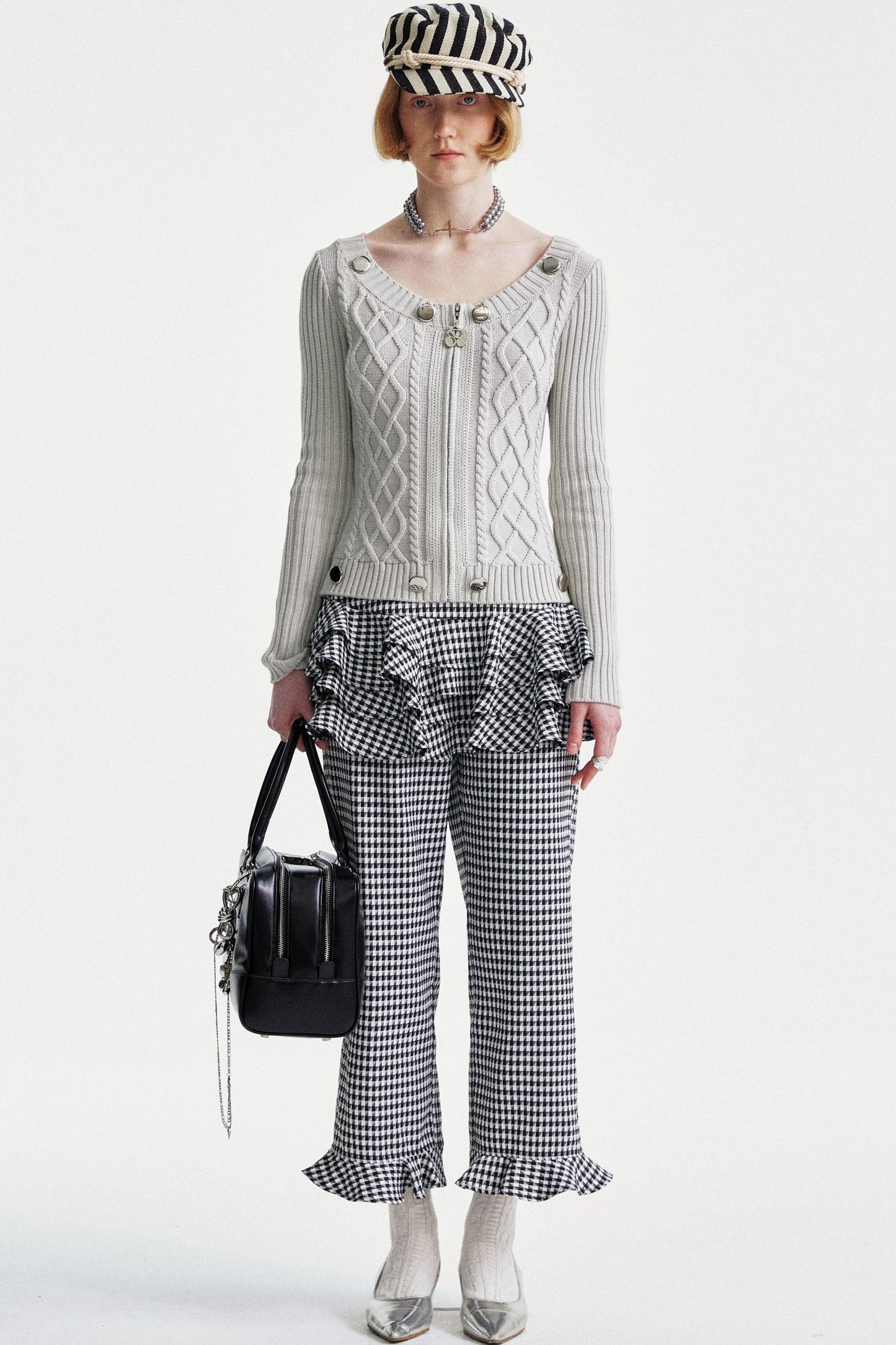 Lace Trim Checkered High Waist Pants