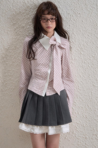 Diagonal Fly Detachable Ribbon Shirt