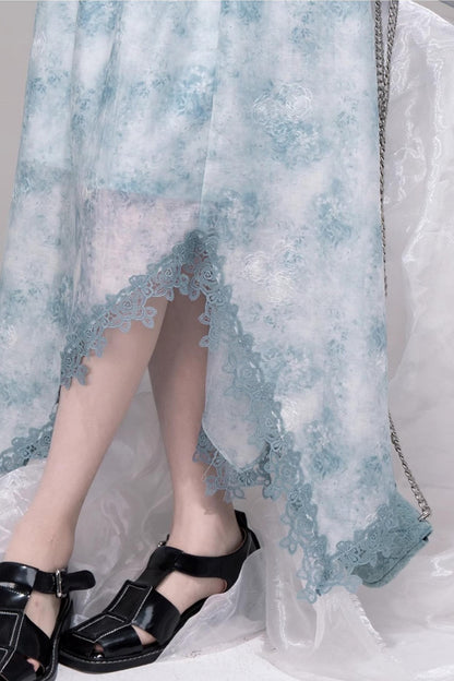 Blue Bow-Collar Shirt & Cutout Skirt Set