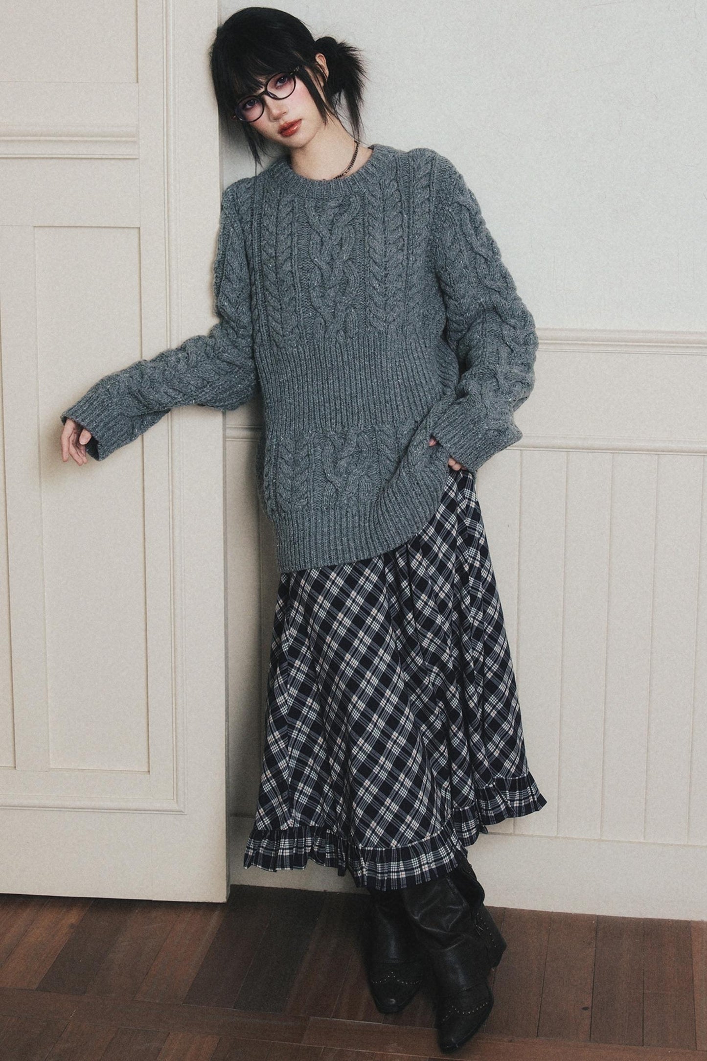 Navy Blue Check A-Line Swing Skirt