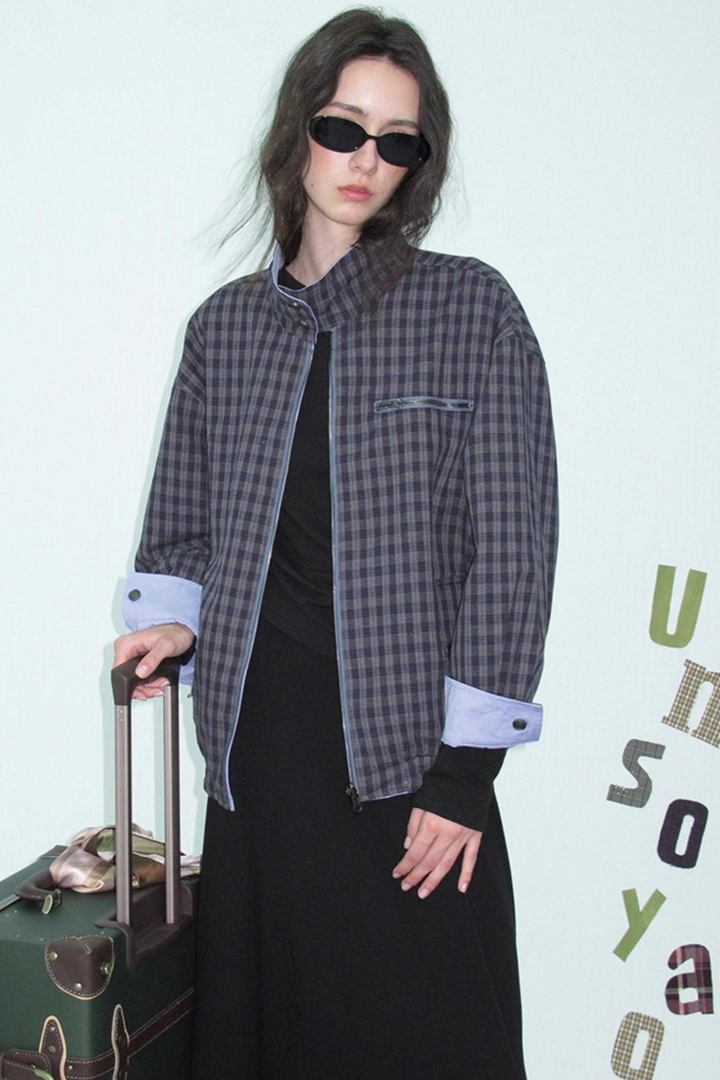 Vintage Plaid Stand-Up Collar Jacket