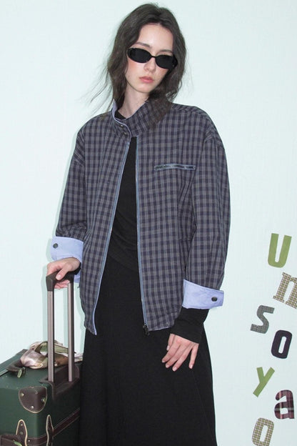 Vintage Plaid Stand-Up Collar Jacket